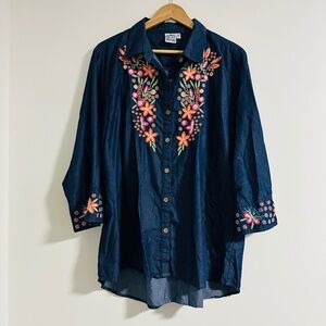 Parsley & Sage Blue Embroidered Denim Top Women’s Size 2X